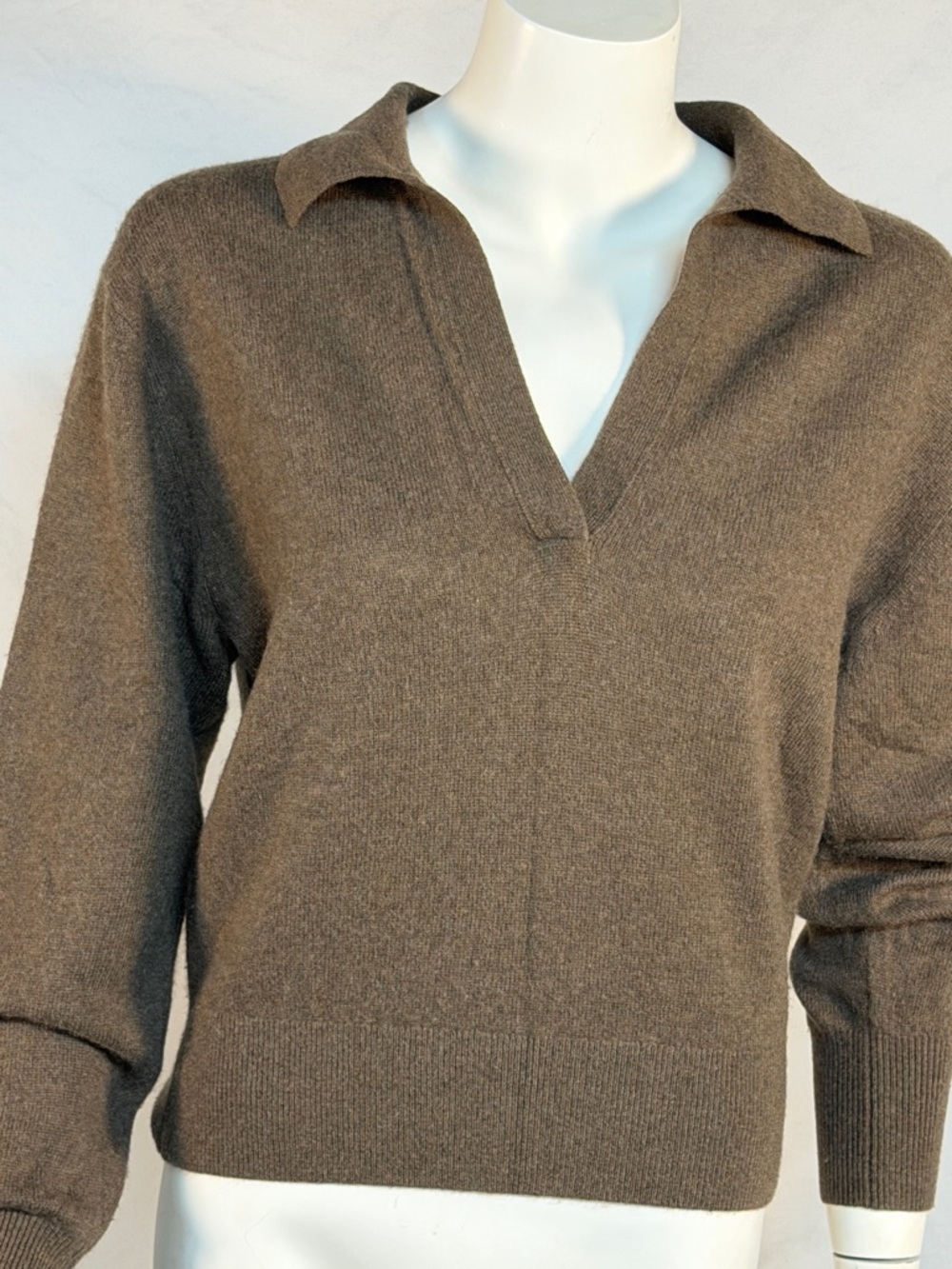 White + Warren Brown Cashmere Collared V-Neck Sweater with Layered Plum Top - Picture 3 of 9